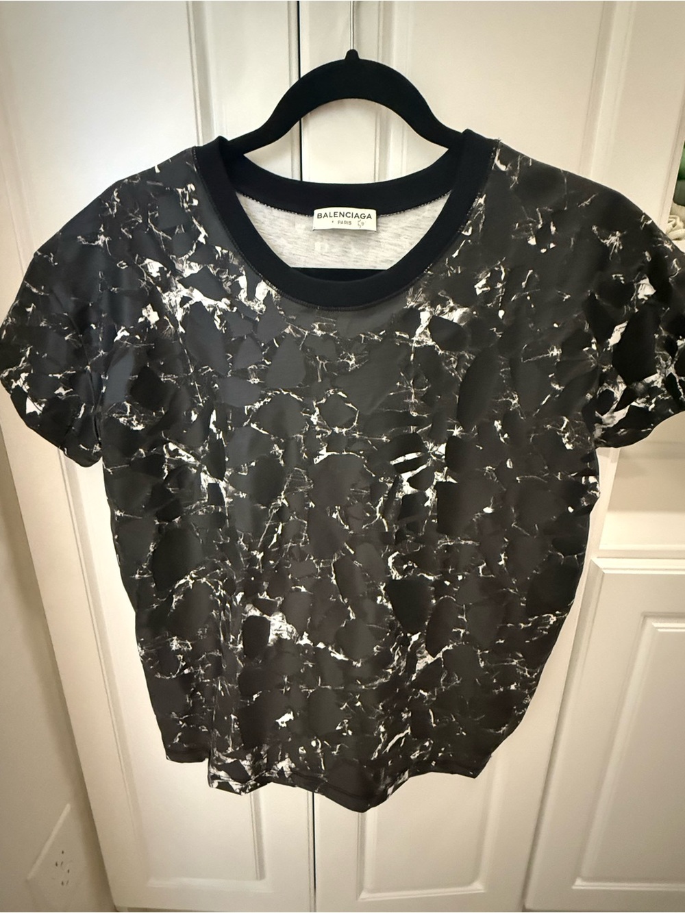 Balenciaga Black and White Marble-Pattern Short Sleeve Tee